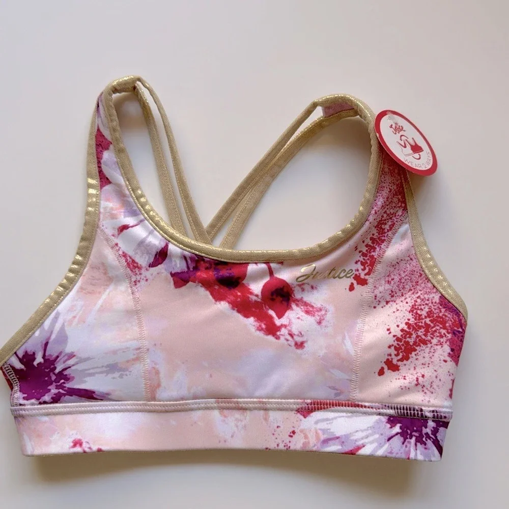 JUSTICE. NWT. Girls. Reversible Sports Bra. Pink & White w/gold‎ trim. XS…